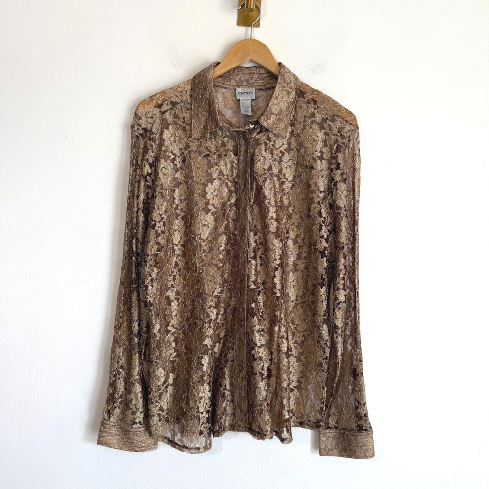 Chico's Metallic Floral Lace Blouse Bronze Sheer Whimsygoth Going Out Top XL